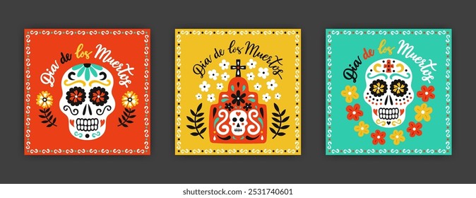 Conjunto de tarjeta de felicitación cuadrada de estilo mexicano. Calaveras ornamentadas, tumba con flores cruzadas, flores, decoración de hojas. Inscripción de letras dibujadas a mano del Día de Muertos en idioma español. Ilustración vectorial