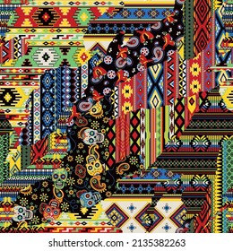Mexican style traditional fabric patchwork abstract vector seamless pattern