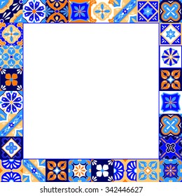 Mexican stylized talavera tiles frame in blue orange and white, vector