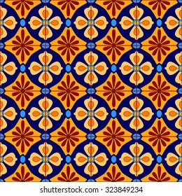 Mexican stylized talavera tiles seamless pattern in blue and yellow, vector
