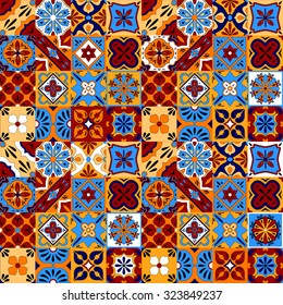 Mexican stylized talavera tiles seamless pattern in blue red and yellow, vector