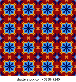 Mexican stylized talavera tiles seamless pattern in blue and red, vector