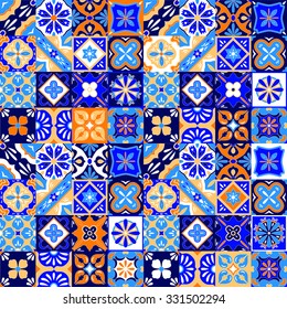 Mexican stylized talavera tiles seamless pattern in blue orange and white, vector