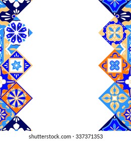 Mexican stylized talavera tiles seamless border in blue orange and white, vector