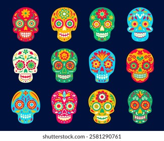 Mexican sugar calavera skulls for Dia de Los Muertos Mexican holiday, vector decorations. Day of Dead fiesta celebration symbols of calavera skull with Mexico ethnic floral ornament or huichol pattern