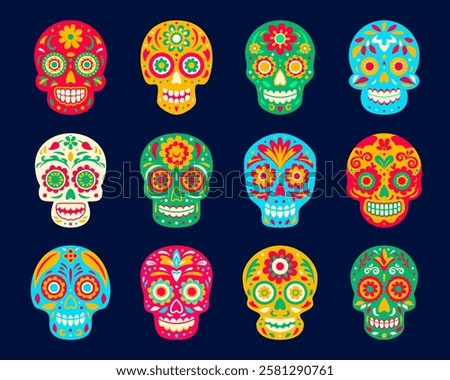 Mexican sugar calavera skulls for Dia de Los Muertos Mexican holiday, vector decorations. Day of Dead fiesta celebration symbols of calavera skull with Mexico ethnic floral ornament or huichol pattern