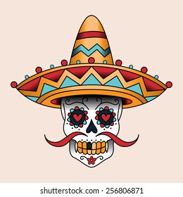 Mexican sugar scull in sombrero. Traditional style color tattoo