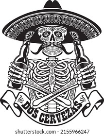 Mexican sugar skeleton holding beer and banner with text two beer in spanish