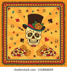 Mexican sugar skull with attributes of casino. Dia de los Muertos