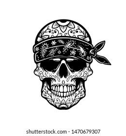 Mexican sugar skull in bandana. Design element for poster, t shirt, card, banner. Vector illustration