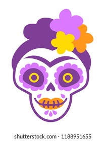 Mexican sugar skull (calavera) of Frida Kahlo with flowers — decoration for Day of the Dead (Dia de los Muertos). Halloween poster background, greeting card or t-shirt design.