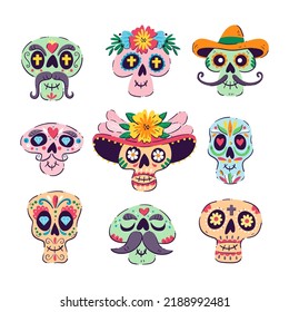 Mexican Sugar Skull collection. Isolated skulls, perfect for Day of the Dead sticker designs, online posts, party events... Set 1 o 2.