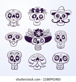 Mexican Sugar Skull collection. Isolated doodle skulls, perfect for Day of the Dead sticker designs, online posts, party events... Set 1 o 2.