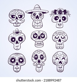 Mexican Sugar Skull collection. Isolated doodle skulls, perfect for Day of the Dead sticker designs, online posts, party events... Set 2 o 2.