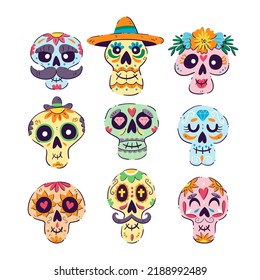 Mexican Sugar Skull collection. Isolated skulls, perfect for Day of the Dead sticker designs, online posts, party events... Set 2 o 2.