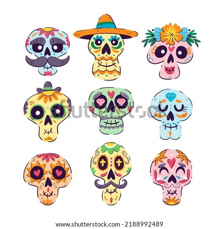Mexican Sugar Skull collection. Isolated skulls, perfect for Day of the Dead sticker designs, online posts, party events... Set 2 o 2.