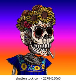 Mexican sugar skull. Color image vector illustration of the Day of the Dead and Halloween. Mexican culture. Character wearing: Flower crown, mexican dress, cigarette and brown catrina makeup.