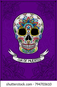 Mexican sugar skull with colorful floral pattern, Dia de Muertos, design element for poster, greeting card vector Illustration
