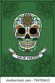 Mexican sugar skull with colorful floral pattern, Dia de Muertos, design element for poster, greeting card vector Illustration