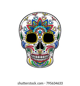 Mexican sugar skull with colorful floral ornament, Day of the death vector Illustration