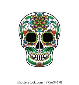 Mexican sugar skull with colorful floral pattern, Dia de Muertos vector Illustration