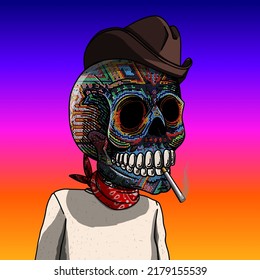 Mexican sugar skull. Colorful image vector illustration for the Day of the Dead and Halloween. Mexican culture. Traits: Huichol art, brown hat, cigarette, red bandana, long sleeve shirt.