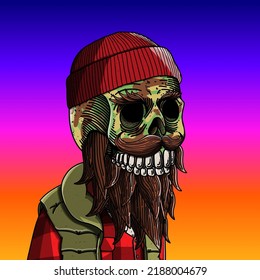 Mexican sugar skull. Colorful image vector illustration for the Day of the Dead and Halloween. Mexican culture. Traits: camouflage style, lumberjack, red shirt, beanie hat, mustache and bold beard.