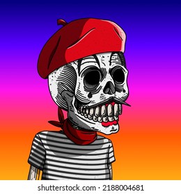 Mexican sugar skull. Colorful image vector illustration for the Day of the Dead and Halloween. Mexican culture. Traits: French mime, red beret, thin mustache, stripe shirt, red neckerchief.