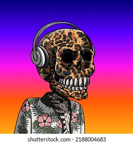 Mexican Sugar Skull. Colorful Image Vector Illustration For The Day Of The Dead And Halloween. Mexican Culture. Traits: Animal Print, Hawaiian Jacket And White Headphones.