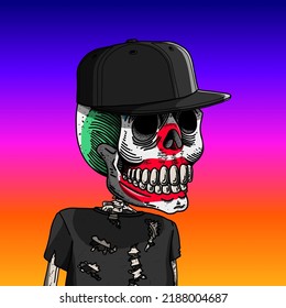 Calavera de azúcar mexicana. Colorida imagen vectorial ilustrada para el Día de los Muertos y Halloween. Cultura mexicana. Rasgos: Genial payaso, gorra negra y camisa negra rasgada.