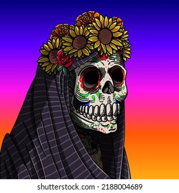 Calavera de azúcar mexicana. Colorida imagen vectorial ilustrada para el Día de los Muertos y Halloween. Cultura mexicana. Rasgos: Catrina, corona de flores, chales mexicanos, girasoles, rosas y cepasuchil.