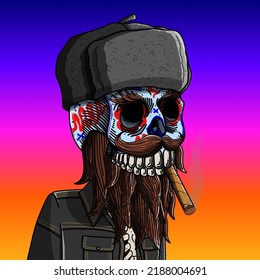 Mexican sugar skull. Colorful image vector illustration for the Day of the Dead and Halloween. Mexican culture. Traits: Russian hat, cuban cigar, mustache and bold beard, black denim jacket.