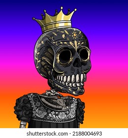 Mexican sugar skull. Colorful image vector illustration for the Day of the Dead and Halloween. Mexican culture. Traits: Black queen, golden crown, mexican black dress and black catrina style.