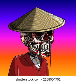 Mexican sugar skull. Colorful image vector illustration for the Day of the Dead and Halloween. Mexican culture. Traits: Japanese style, long mustache, small beard, kabuki, japanese hat.