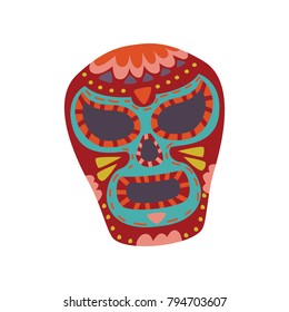 Mexican sugar skull with colorful pattern, Dia de Muertos cartoon vector Illustration