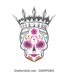 Mexican Sugar Skull with crown. Mexico Halloween skulls collection. Decoration with sombrero and flowers. Sugar skull. Vector illustration background.