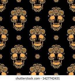 Mexican sugar skull. Day of The Dead colorful Skull with floral ornament. Seamless pattern. Vector illustration