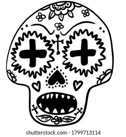 Mexican sugar skull. Day of the dead. Dia de los muertos. Floral Decorated skull. Vector illustration. Doodle element for logo, label, emblem, sign, poster, t shirt. Vector illustration