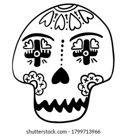 Mexican sugar skull. Day of the dead. Dia de los muertos. Floral Decorated skull. Vector illustration. Doodle element for logo, label, emblem, sign, poster, t shirt. Vector illustration