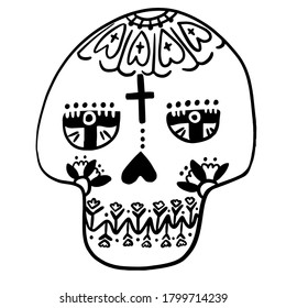 Mexican sugar skull. Day of the dead. Dia de los muertos. Floral Decorated skull. Vector illustration. Doodle element for logo, label, emblem, sign, poster, t shirt. Vector illustration