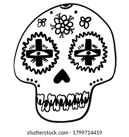 Mexican sugar skull. Day of the dead. Dia de los muertos. Halloween Decorated skull. Vector illustration. Doodle element for logo, label, emblem, sign, poster, t shirt. Vector illustration