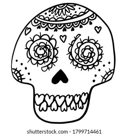 Mexican sugar skull. Day of the dead. Dia de los muertos. Halloween Decorated skull. Vector illustration. Doodle element for logo, label, emblem, sign, poster, t shirt. Vector illustration