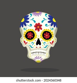 Mexican sugar skull. Day of the dead symbol. Isolated cartoon head icon. Halloween party item. Vector illustration