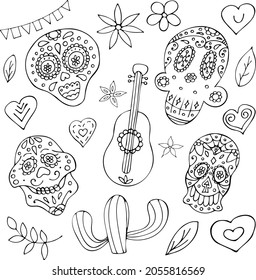 Mexican Sugar Skull. Day of the Dead. Black and White Hand Drawn Set of Mexico Doodle Illustration. Outline Doodle Collection.