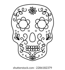 Mexican sugar skull for day of the dead or Dia de los muertos, doodle vector outline