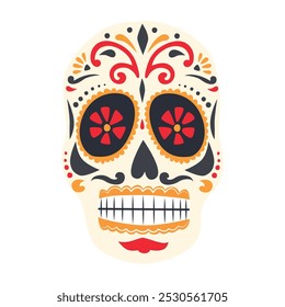 Esqueleto de açúcar mexicano. Dia do Crânio Morto. Dia de los Muertos. Elemento de design para logotipo, emblema, sinal, cartaz, cartão, banner. Ilustração vetorial isolada sobre fundo branco.