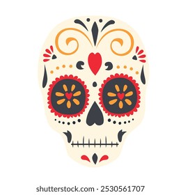 Esqueleto de açúcar mexicano. Dia do Crânio Morto. Dia de los Muertos. Elemento de design para logotipo, emblema, sinal, cartaz, cartão, banner. Ilustração vetorial isolada sobre fundo branco.