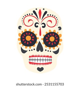 Esqueleto de açúcar mexicano. Dia do Crânio Morto. Dia de los Muertos. Elemento de design para logotipo, emblema, sinal, cartaz, cartão, banner. Ilustração vetorial isolada sobre fundo branco.