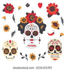 Esqueleto de açúcar mexicano. Dia do Crânio Morto. Dia de los Muertos. Elemento de design para logotipo, emblema, sinal, cartaz, cartão, banner.