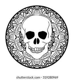 Mexican sugar skull for the Day Of The Dead Skull. Vector tribal illustration.Black contour for coloring book page design.  Round mandala shape.